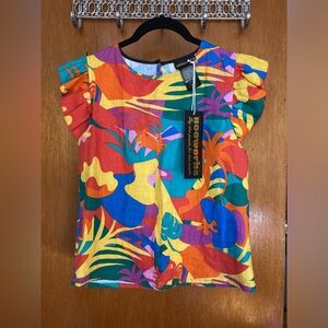NWT Nooworks Tropico Linen Ruffle Top Shirt XS Tropical Vacation summer